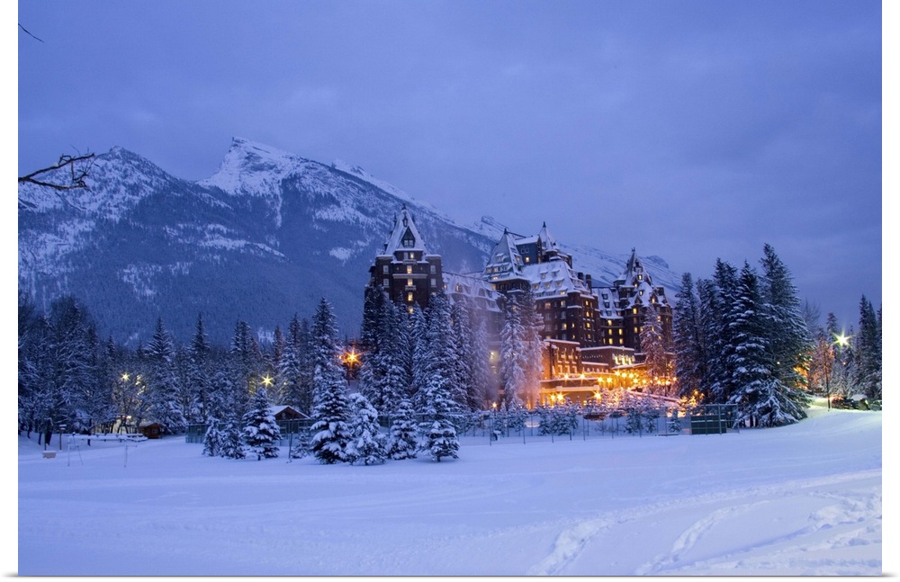 Banff Springs Hotel in snowy evening light.  Banff, Canada