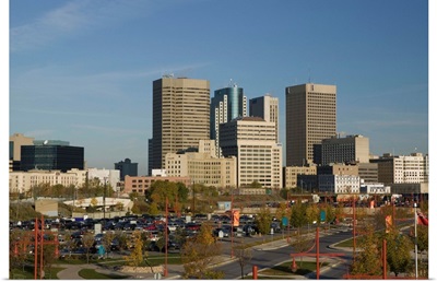 Canada, Manitoba, Winnipeg, Downtown Highrise Buildings from The Forks