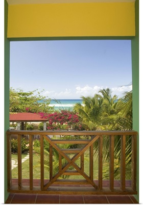 Caribbean, Puerto Rico, Vieques, beach and palm trees, viewed from porch