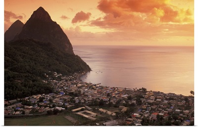 Caribbean, St. Lucia, Soufriere, Sunset view of the Pitons and Soufriere