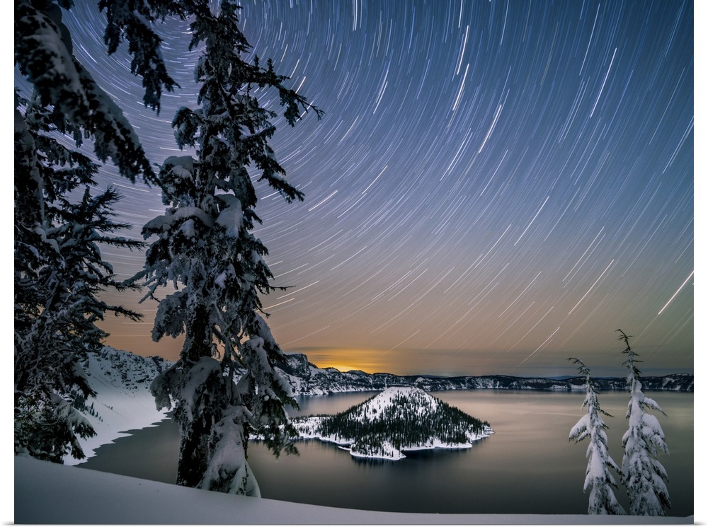 USA, North America, Oregon. Crater Lake National Park, Star Trails Over Crater Lake And Wizard Island In Winter.