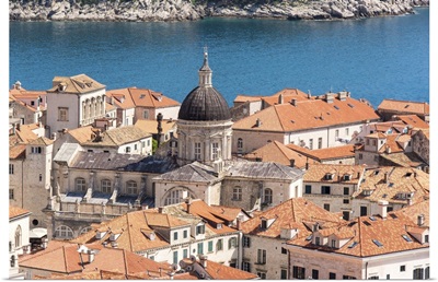 Croatia, Dubrovnik, Old City Cathedral, Red Tile Roofs And Adriatic