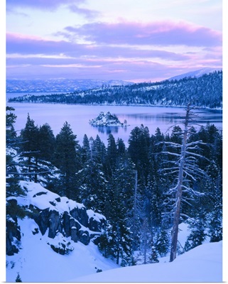 Emerald Bay State Park in winter at dusk. Lake Tahoe