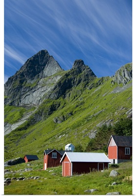 Europe, Norway, Lofoten. Houses in Vindstad below Rabbtinden