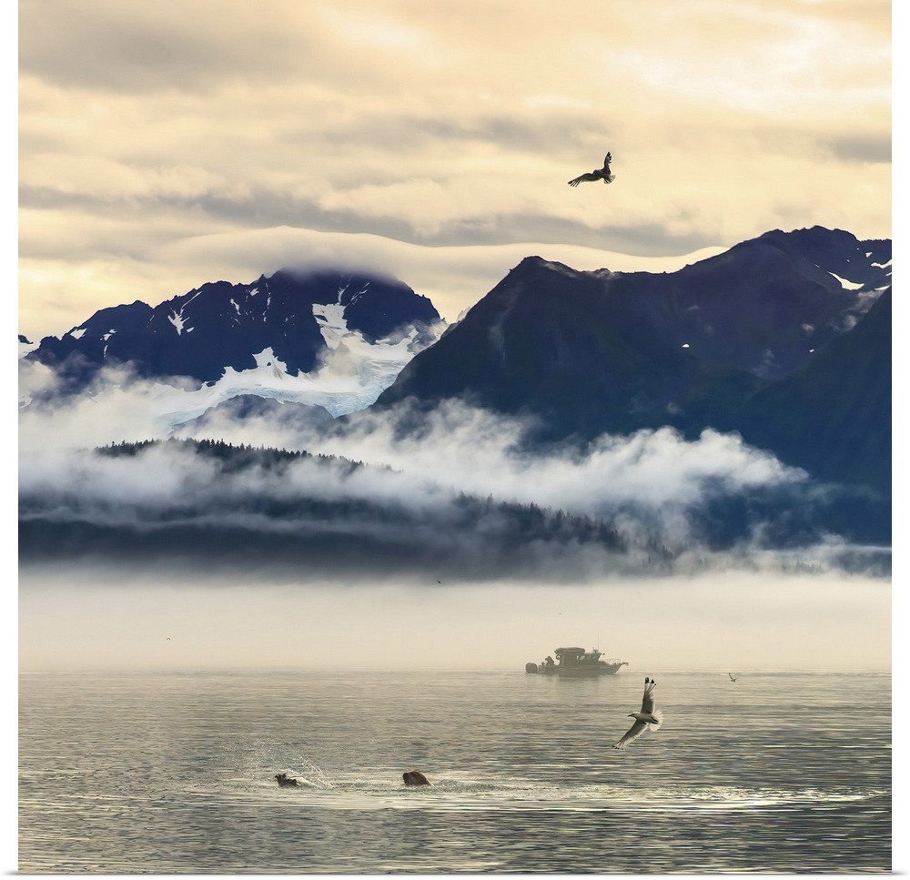Fishing Boat In Kenai Peninsula Surrounded By Mountains And Wildlife