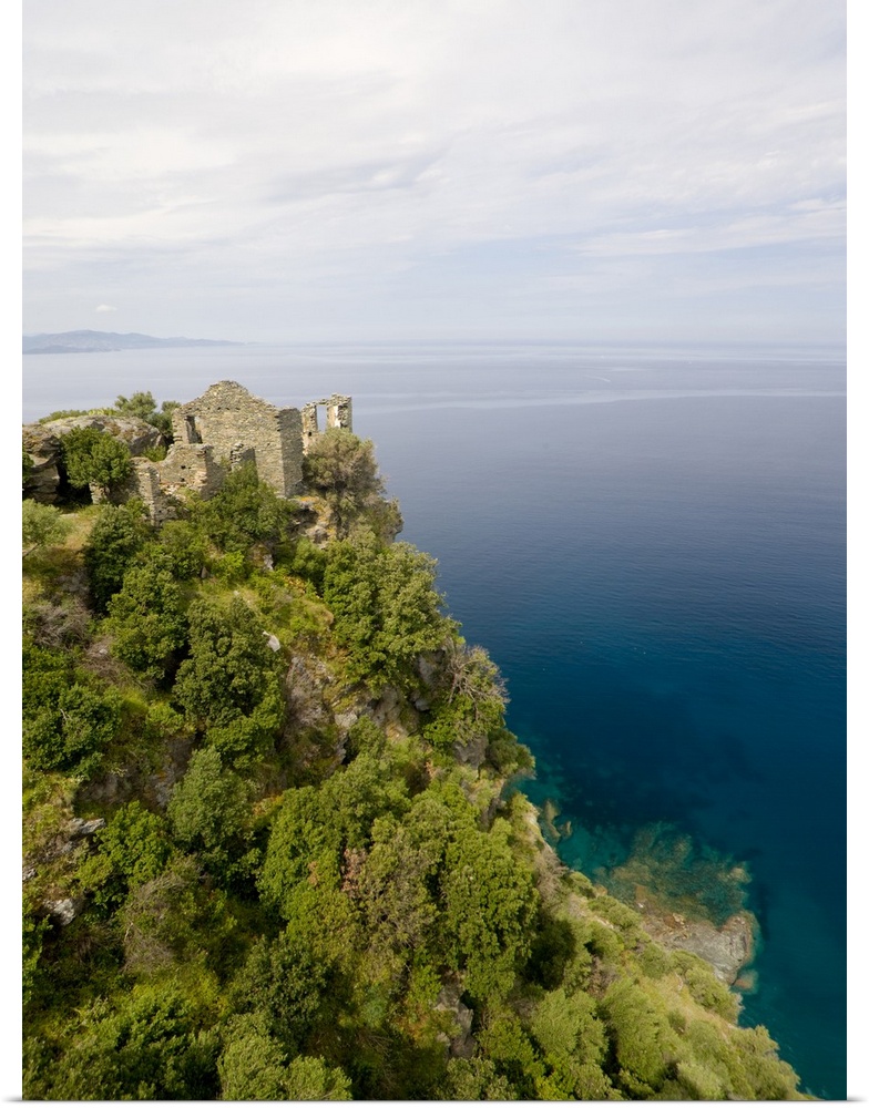 France, Corsica, Ruins Of Genoese Tower Above Mediterreanean Sea At Village Of Nonza