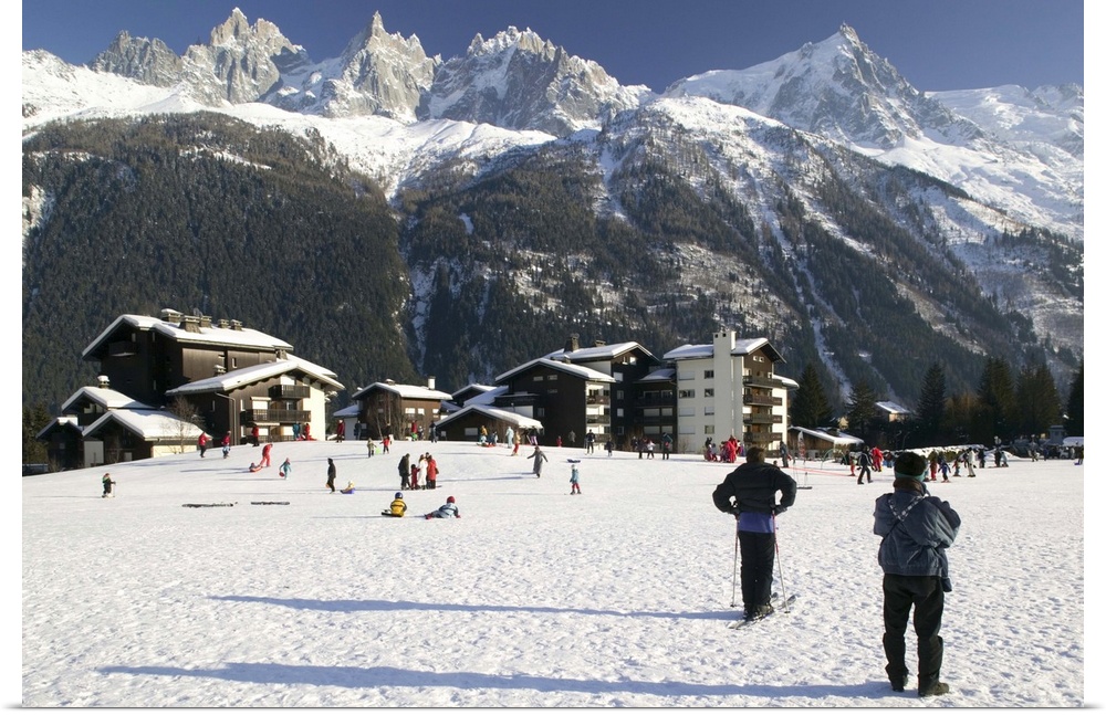 France, French Alps, Chamonix, Mont, Blanc, Skiers And Panorama Of Mountains