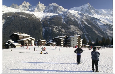 France, French Alps, Chamonix, Mont, Blanc, Skiers And Panorama Of Mountains