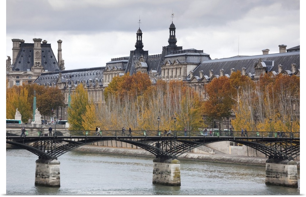 France, Paris, Musee De Louvre Museum And Pont Des Arts Bridge
