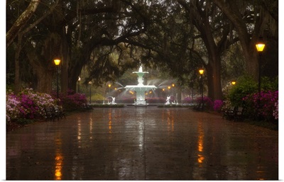 Georgia, Savannah, Forsyth Park Fountain with spring azaleas