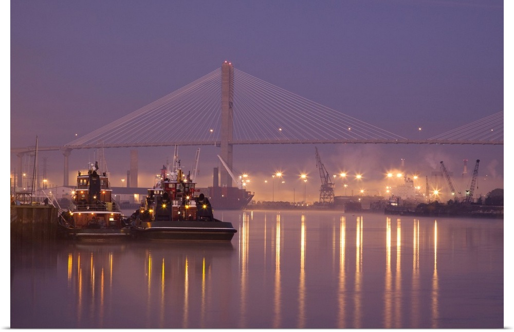 USA, Georgia, Savannah, Tugboats and bridge at dawn along the Savannah River.