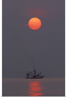 Georgia, Tybee Island. A shrimp boat trawling for shrimp at sunrise