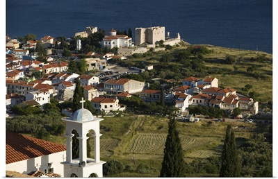 Greece, Samos, Pythagorio, Town View With Belltower Of The Moni Panagias Spillanis