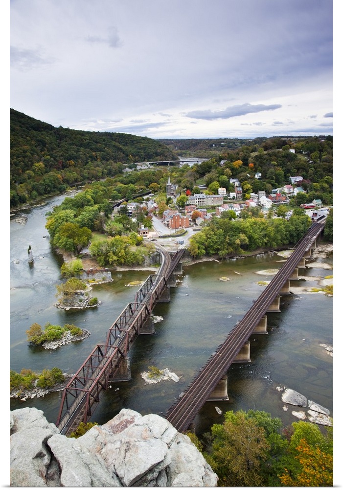 USA, West Virginia, Harpers Ferry. Harpers Ferry National Historic Park, high angle view from the Maryland Rocks.