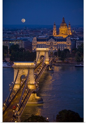 Hungary, Budapest. Chain Bridge lit at night