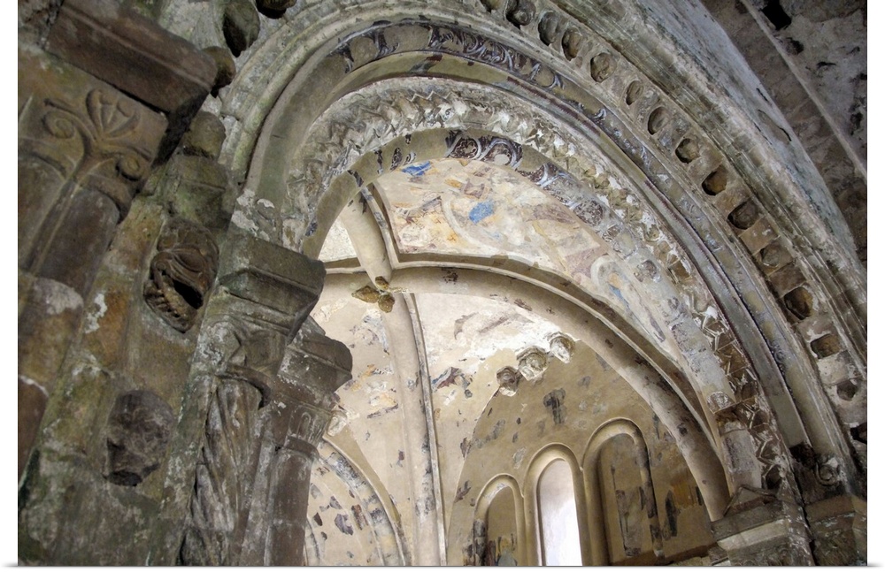 Europe, Ireland, Cashel. Rock of Cashel, historic spot where St. Patrick preached. Chapel interior, remnants of colorful f...