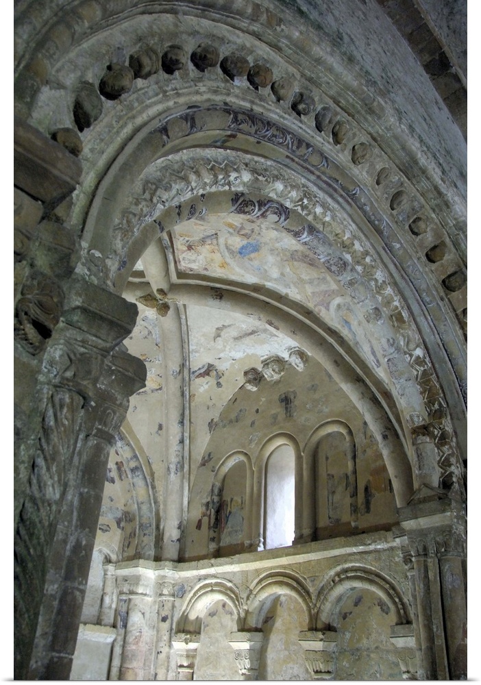 Europe, Ireland, Cashel. Rock of Cashel, historic spot where St. Patrick preached. Chapel interior, remnants of colorful f...
