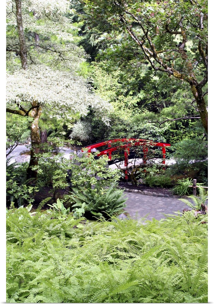 Red footbridge in Japanese Garden at Butchart Gardens Victoria British Columbia Canada
