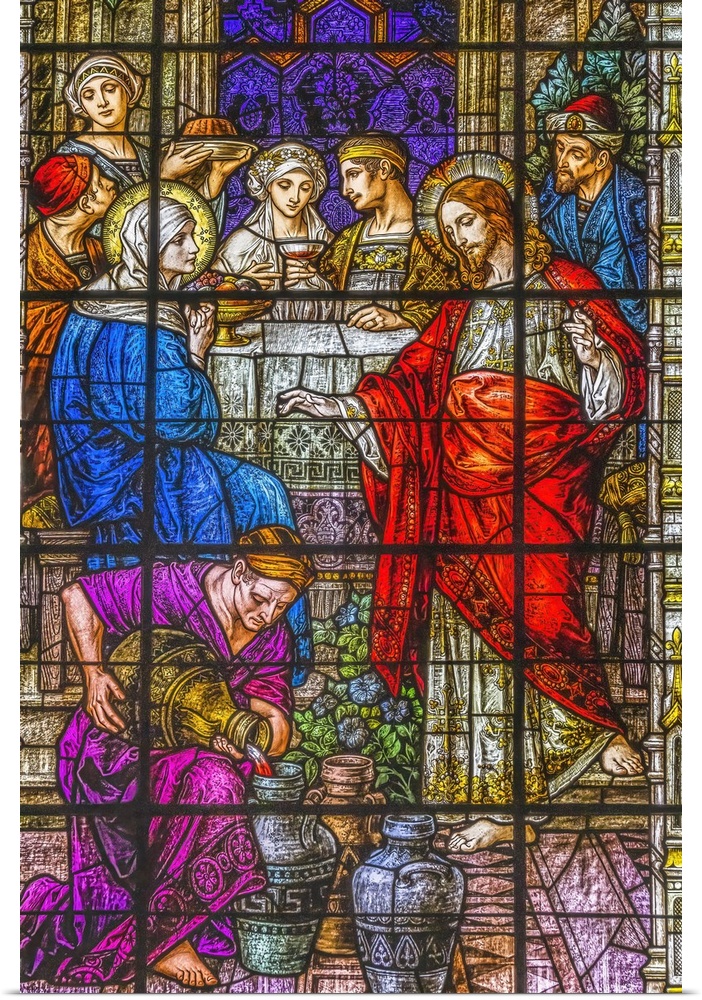 Jesus Changing Water Wine stained glass Gesu Church, Miami, Florida. Built 1920's. Glass by Franz Mayer.