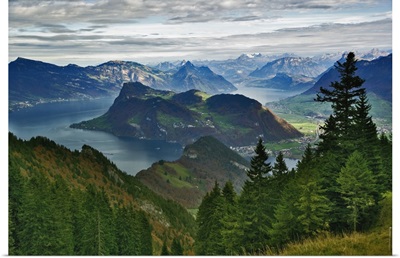 Lake Lucerne Surrounded By The Alps And Rural Countryside, Switzerland