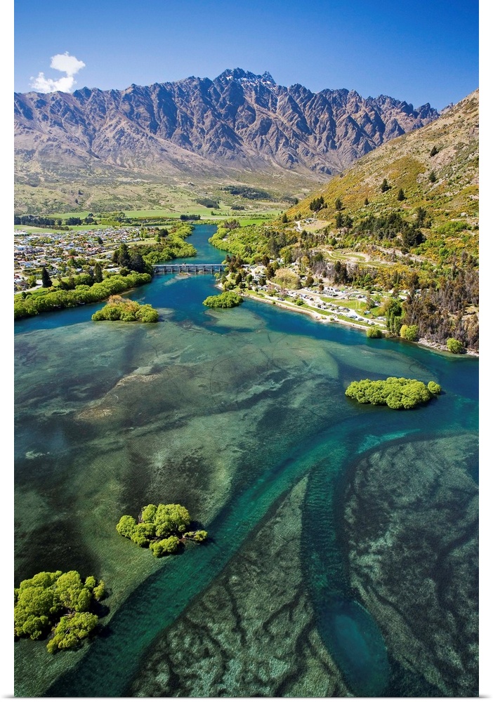 Lake Wakatipu, Kawarau River, and The Remarkables, Queenstown, South Island, New Zealand - aerial