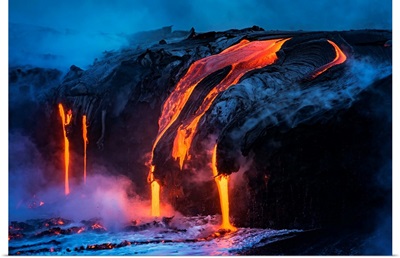 Lava flow in ocean at dawn, Hawaii Volcanoes National Park, The Big Island, Hawaii