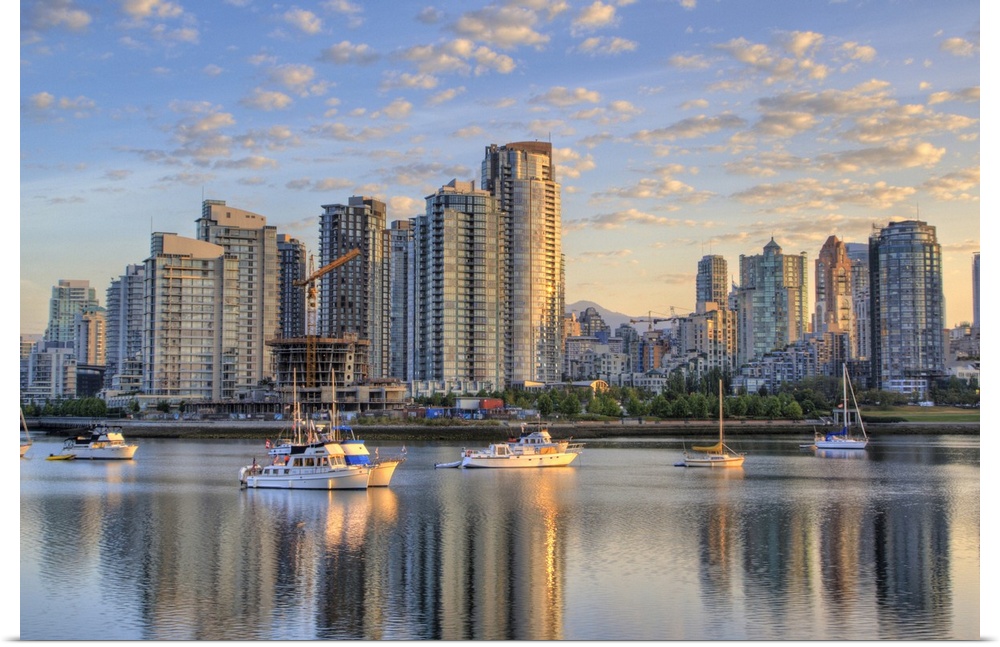 Looking across False Creek at the skyline of Vancouver British Columbia at sunrise