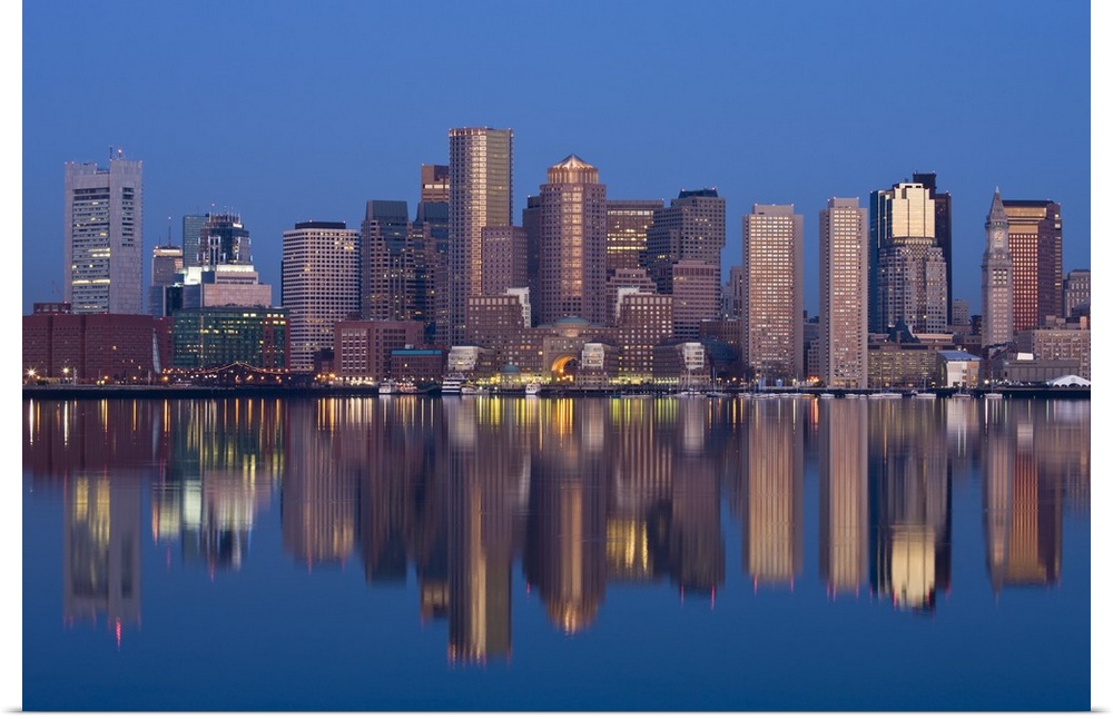 USA, Massachusetts, Boston. Financial District from Logan Airport, East Boston, dawn.