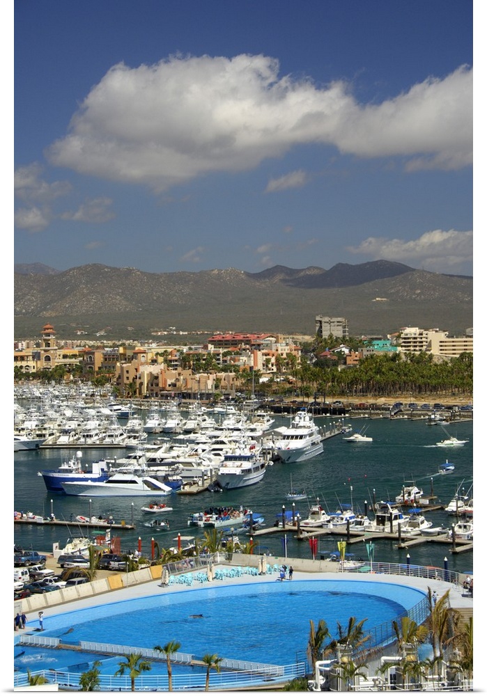 North America, Mexico, State of Baja California Sur, Cabo San Lucas. Overview of harbor area with dolphin swim tank.