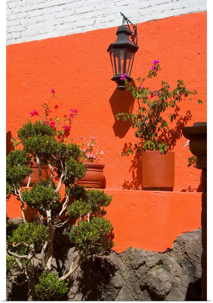 North America, Mexico, Guanajuato.  Colorful wall with lantern and potted plants.