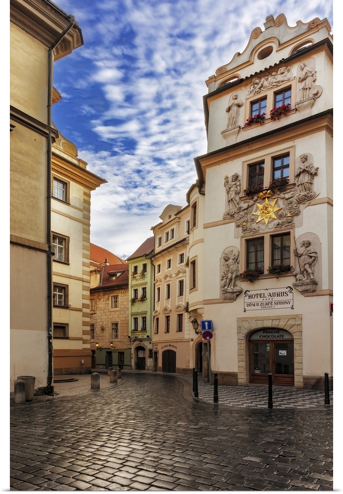 Narrow wet cobblestone streets in old town in Prague, Czech republic.