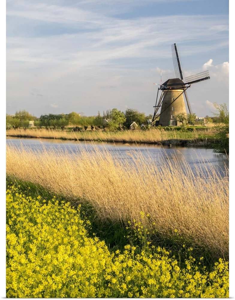 Netherland, Kinderdijk. Windmills along the canal.