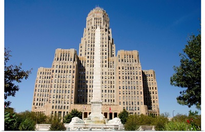 New York, Buffalo, Historic City Hall With The Mckinley Monument Fountain And Obelisk