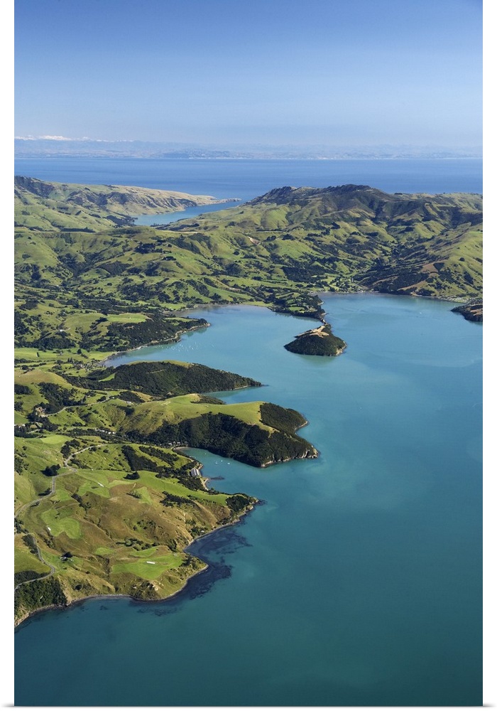 Akaroa Harbour, Banks Peninsula, Canterbury, South Island, New Zealand- aerial