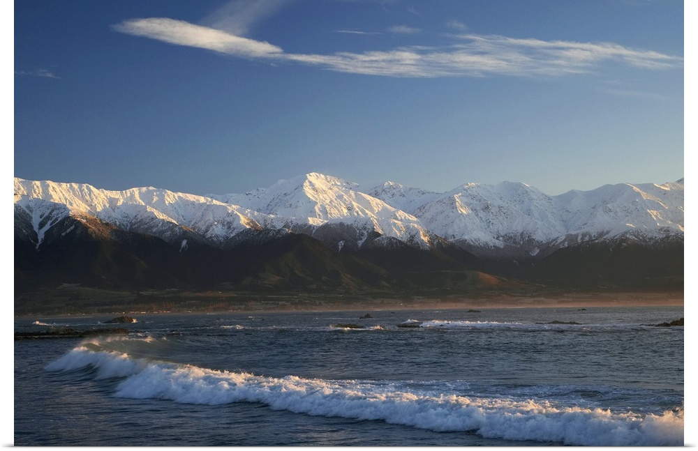 New Zealand, South Island, Kaikoura, Waves and Early Light on Seaward Kaikoura Range