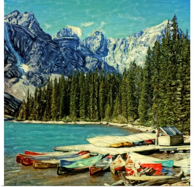North America, Canada, Banff National Park, Canoes along Moraine Lake