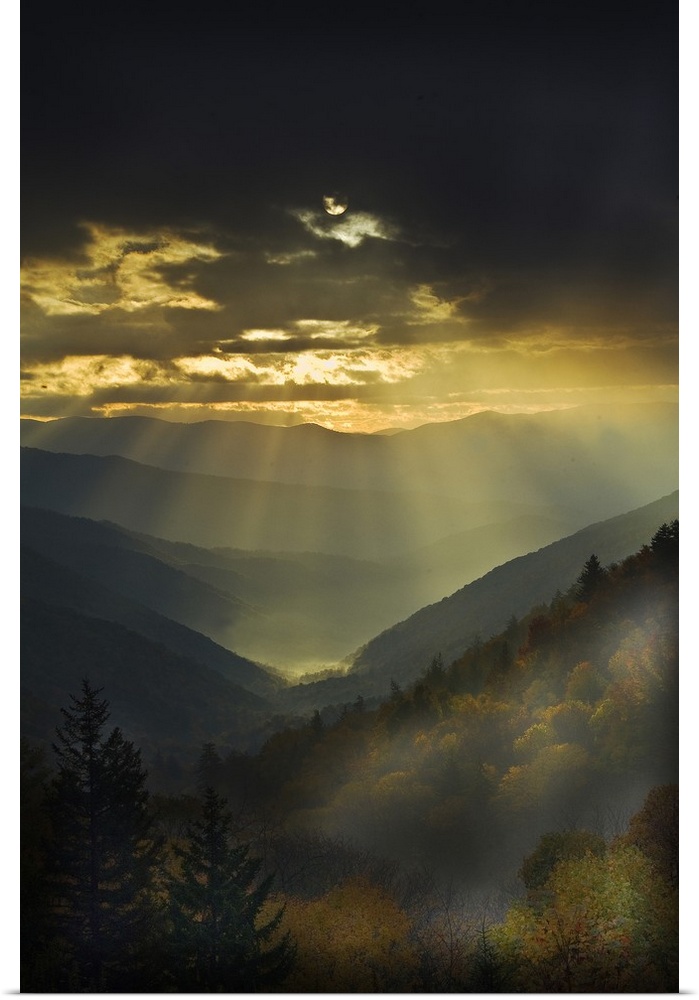 USA, North Carolina, Great Smoky Mountains. Sunrise light beams flood mountains and forest in fall colors.