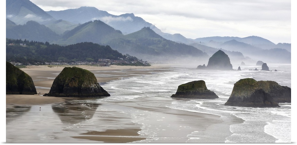 USA, Oregon, Cannon Beach. Fog rises over coastline at low tide.