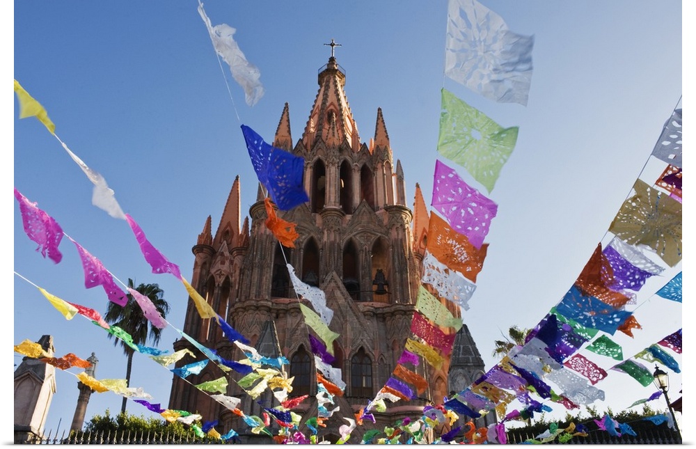 Mexico, Guanajuato, San Miguel de Allende, Parroquia De San Miguel Archangel Church Tower with Day of the Dead Banners.