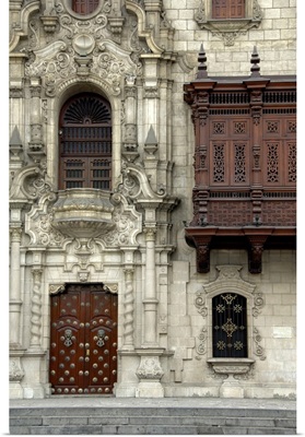 Peru, Lima, Plaza de Armas, Moorish style wooden balcony of the Archbishop's Palace