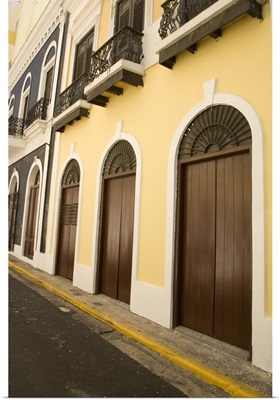 Puerto Rico, Old San Juan, architecture with arched doors and iron balconies