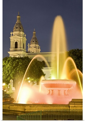 Puerto Rico, Ponce. Fountain of the Lions, illuminated at night in Plaza Las Delicias