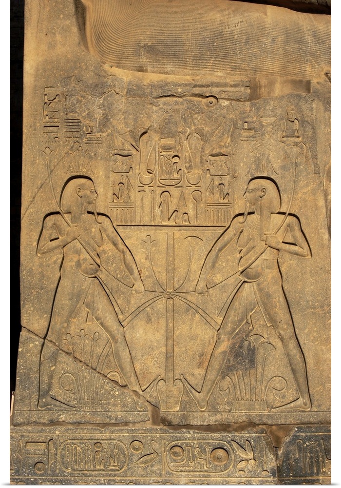 Relief depicting the union between Upper Egypt (reeds) and Lower Egypt (Papyrus)..Base of the statue of Ramses II in front...