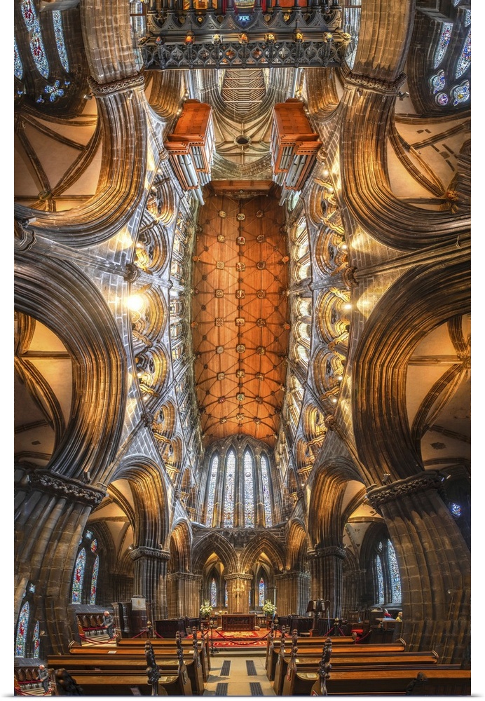 Scotland, Glasgow. Abstract panoramic of 12th century cathedral interior and ceiling.