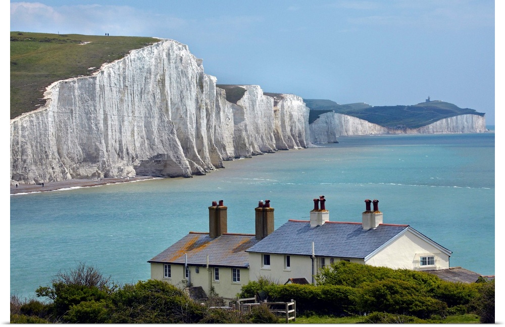 Seven Sisters Chalk Cliffs, and coastguard cottages, Cuckmere Haven, near Seaford, East Sussex, England, United Kingdom
