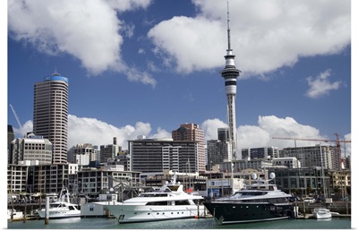 Skytower, CBD, Viaduct Basin and Superyachts, Auckland, North Island, New Zealand