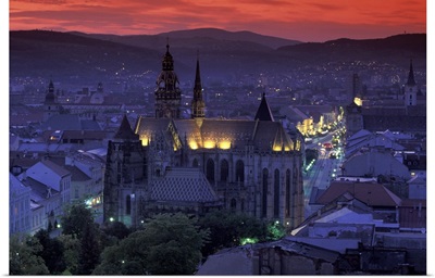 Slovakia, Kosice. Cathedral of St. Elizabeth and town view at dusk