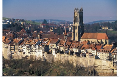 Switzerland, Fribourg. Cathedral St. Nicholas And City Wall