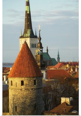 Tallinn cityscape dominated by St. Olaf's Church and city wall towers, Estonia