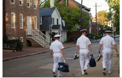 Three Male U.S. Navy Cadets Walk Down Street With Historic Homes, Annapolis, Maryland